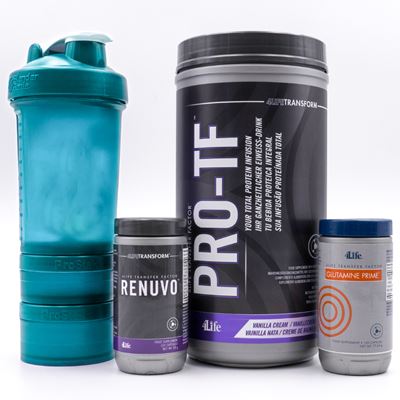 Tres productos de 4Life: Renuvo, PRO-TF Vainilla y Glutamine Prime.