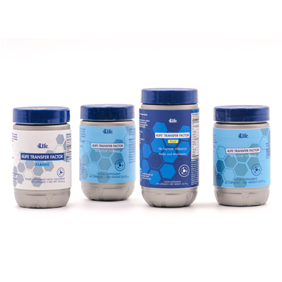 Cuatro productos de 4Life: Classic, Transfer Factor Plus y dos Tri-Factor Formula.